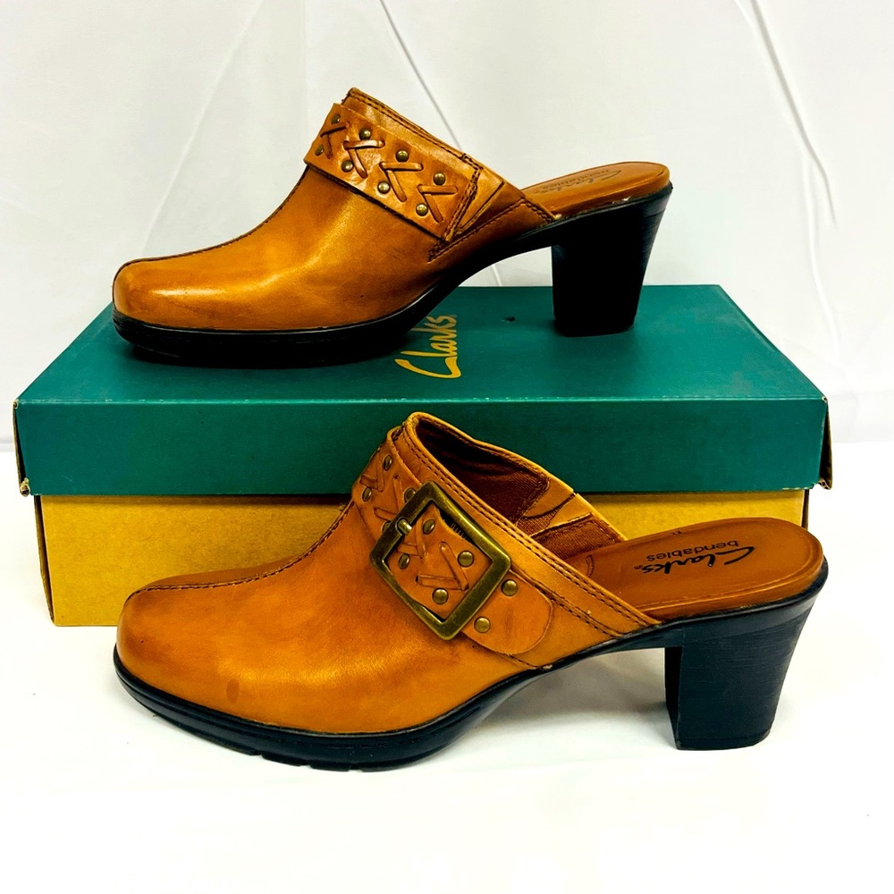 Clarks Bendables Mirabelle Womens Tan Brown Leather 2.5" Heel Clog Mules 8M NEW